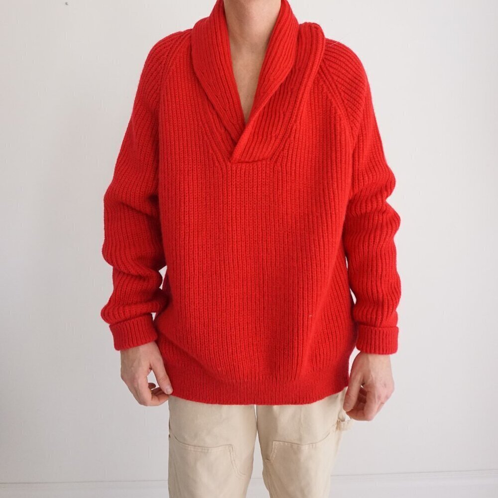 Vintage '90S Northern Waters Netwear Red 100% Wall Knit V-Neck Sweater Size 46